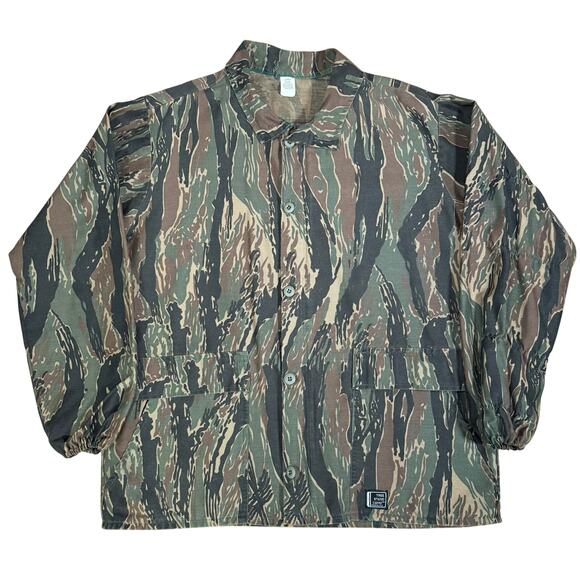Vintage Bark Tiger Stripe Camo Hunting Jacket Button Front Cotton Field CoatL